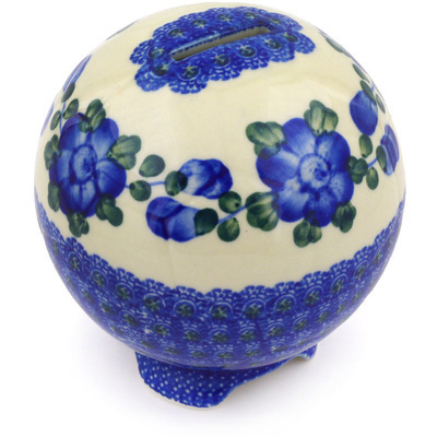 Polish Pottery Ball Piggy Bank 4&quot; Blue Poppies