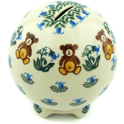 Polish Pottery Ball Piggy Bank 4&quot; Brown Bears