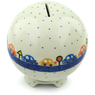 Polish Pottery Ball Piggy Bank 4&quot; Cars