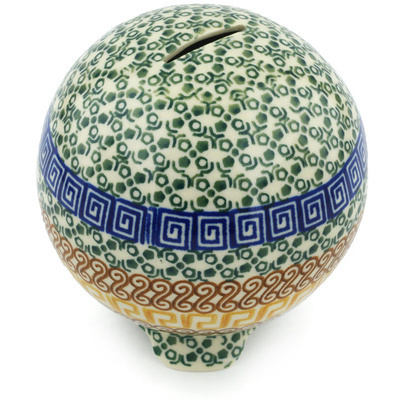 Polish Pottery Ball Piggy Bank 4&quot; Grecian Sea