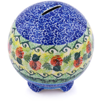 Polish Pottery Ball Piggy Bank 4&quot; Peach Rose Meadow UNIKAT