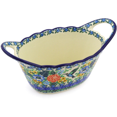 Polish Pottery Basket 9&quot; Hummingbird Meadow UNIKAT