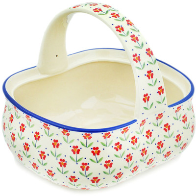 Polish Pottery Basket with Handle 10&quot; Red Primrose