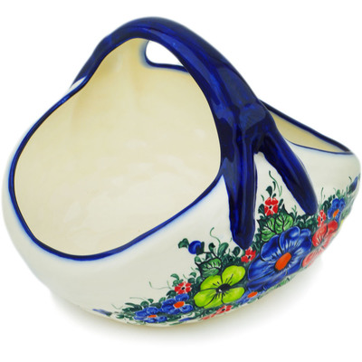 Polish Pottery Basket with Handle 10&quot; Summertime Blues UNIKAT