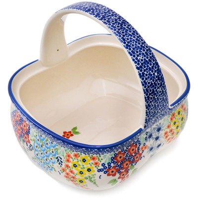 Polish Pottery Basket with Handle 10&quot; Vibrant Hanging Garden UNIKAT