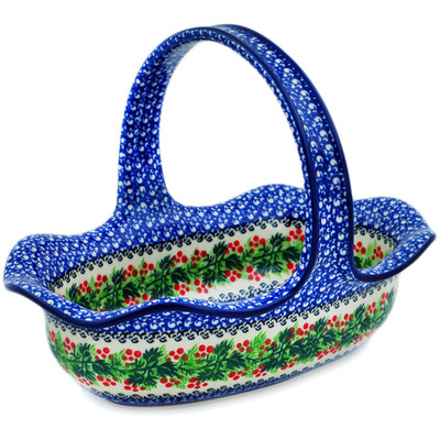 Polish Pottery Basket with Handle 11&quot; Blooming Rowan