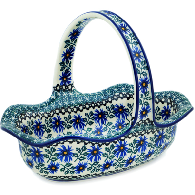 Polish Pottery Basket with Handle 11&quot; Blue Chicory