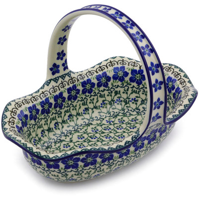 Polish Pottery Basket with Handle 11&quot; Blue Dogwood