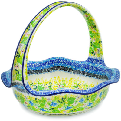 Polish Pottery Basket with Handle 11&quot; Blue Hydrangea UNIKAT