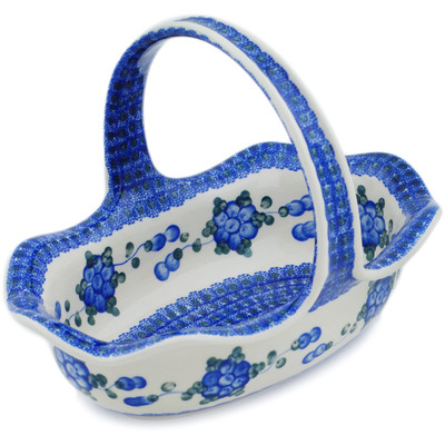Polish Pottery Basket with Handle 11&quot; Blue Poppies