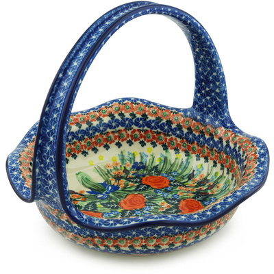 Polish Pottery Basket with Handle 11&quot; Blue Ribbon Roses UNIKAT
