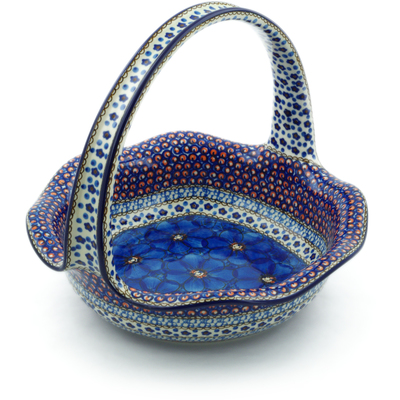 Polish Pottery Basket with Handle 11&quot; Cobalt Poppies UNIKAT