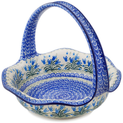 Polish Pottery Basket with Handle 11" Feathery Bluebells