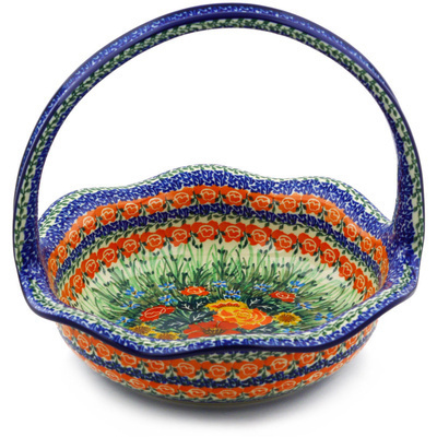 Polish Pottery Basket with Handle 11&quot; Fiery Bouquet UNIKAT