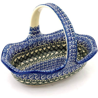 Polish Pottery Basket with Handle 11&quot; Fleur De Lis