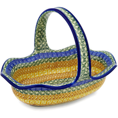 Polish Pottery Basket with Handle 11&quot; Grecian Sea