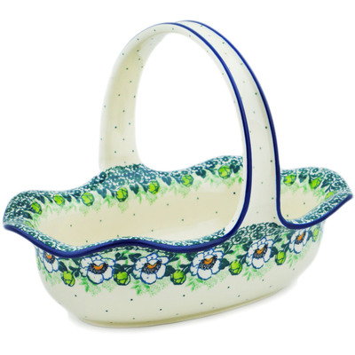 Polish Pottery Basket with Handle 11&quot; Green Flora
