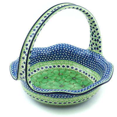 Polish Pottery Basket with Handle 11&quot; Key Lime Dreams UNIKAT