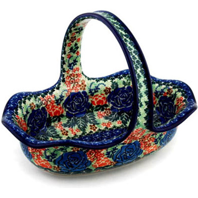 Polish Pottery Basket with Handle 11&quot; Midnight Blossoms UNIKAT