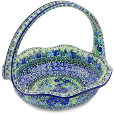 Polish Pottery Basket with Handle 11&quot; Moody Blues UNIKAT
