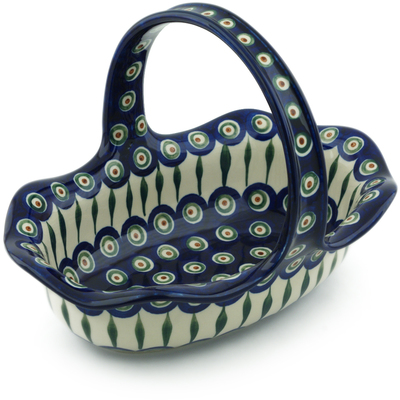 Polish Pottery Basket with Handle 11&quot; Peacock Leaves