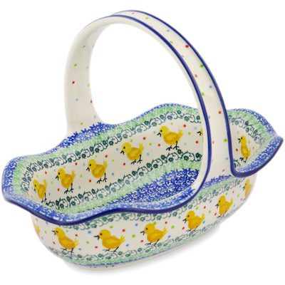 Polish Pottery Basket with Handle 11&quot; Pretty Pullet
