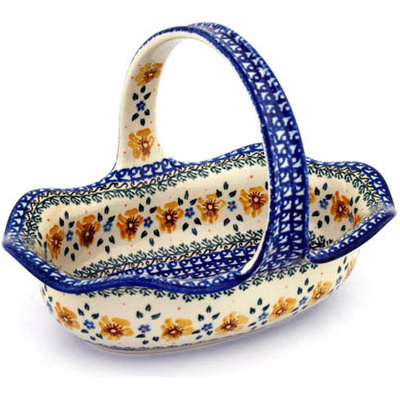 Polish Pottery Basket with Handle 11&quot; Sea Fall Yellow Flowers