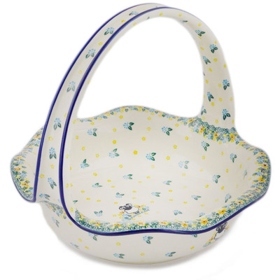 Polish Pottery Basket with Handle 11&quot; Sheep In The Meadow