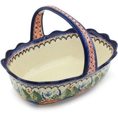 Polish Pottery Basket with Handle 11&quot; Spring Splendor UNIKAT