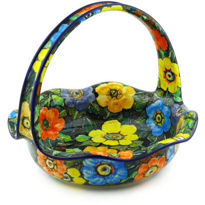 Polish Pottery Basket with Handle 11&quot; Springtime Flowers UNIKAT