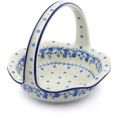 Polish Pottery Basket with Handle 11&quot; White Pansy