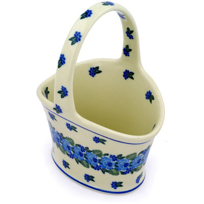 Polish Pottery Basket with Handle 7&quot; Blue Carnation