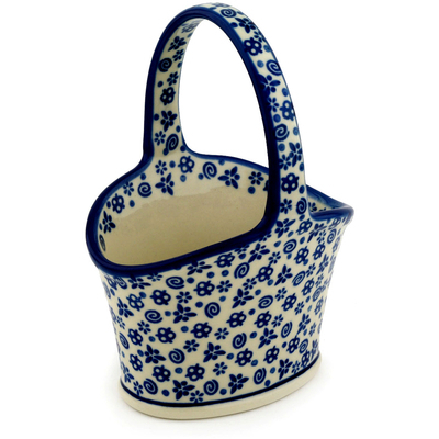Polish Pottery Basket with Handle 7&quot; Blue Confetti