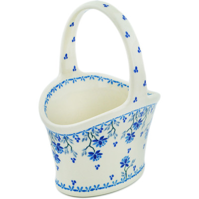 Polish Pottery Basket with Handle 7&quot; Blue Grapevine