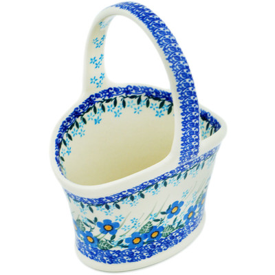 Polish Pottery Basket with Handle 7&quot; Blue Joy