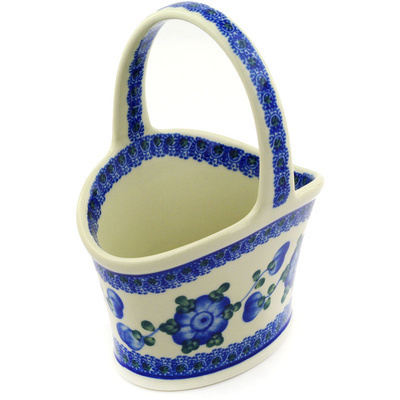 Polish Pottery Basket with Handle 7&quot; Blue Poppies