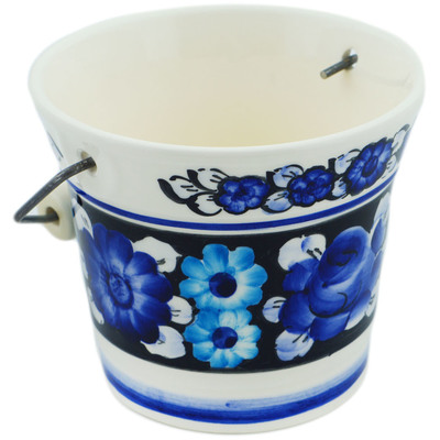 faience Basket with Handle 7&quot; Cobalt Flowers UNIKAT