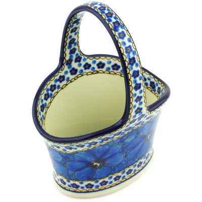 Polish Pottery Basket with Handle 7&quot; Cobalt Poppies UNIKAT