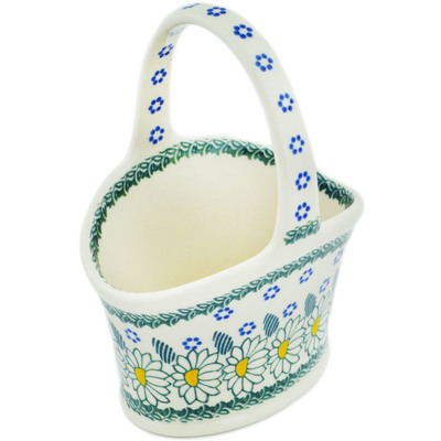 Polish Pottery Basket with Handle 7&quot; Crazy Daisy