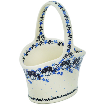 Polish Pottery Basket with Handle 7&quot; Flowers At Dusk