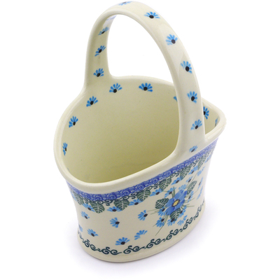 Polish Pottery Basket with Handle 7&quot; Forget Me Not UNIKAT