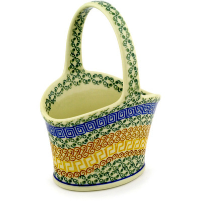 Polish Pottery Basket with Handle 7&quot; Grecian Sea