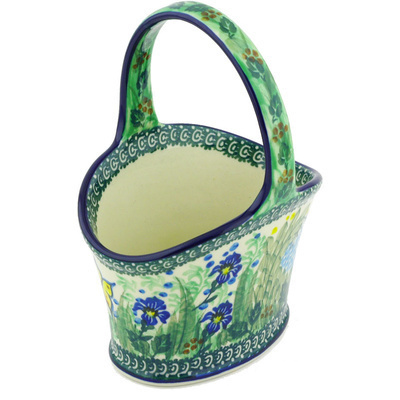 Polish Pottery Basket with Handle 7&quot; Spring Garden UNIKAT