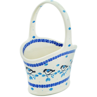 Polish Pottery Basket with Handle 7&quot; Winter Sparrow