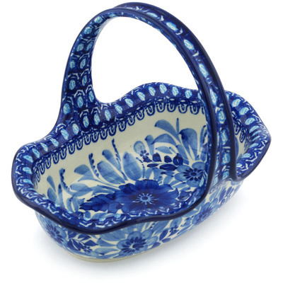 Polish Pottery Basket with Handle 8&quot; Bleu Boquet UNIKAT