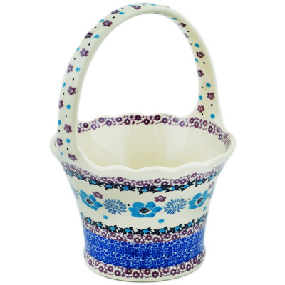 Polish Pottery Basket with Handle 8&quot; Blooming Blues