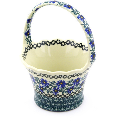 Polish Pottery Basket with Handle 8&quot; Blue Chicory