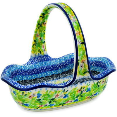 Polish Pottery Basket with Handle 8&quot; Blue Hydrangea UNIKAT