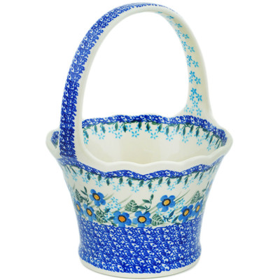 Polish Pottery Basket with Handle 8&quot; Blue Joy