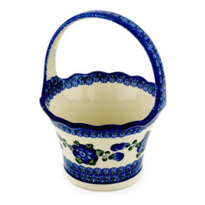 Polish Pottery Basket with Handle 8&quot; Blue Poppies